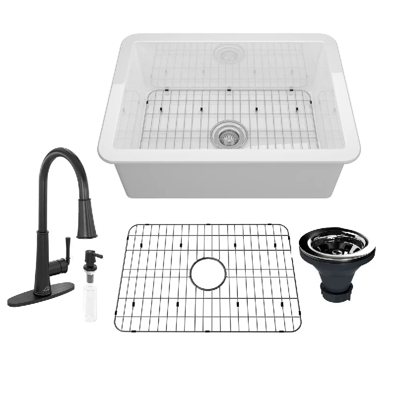 27-in Glossy White Undermount Single Bowl Fireclay Kitchen Sink With Matte Black Faucet