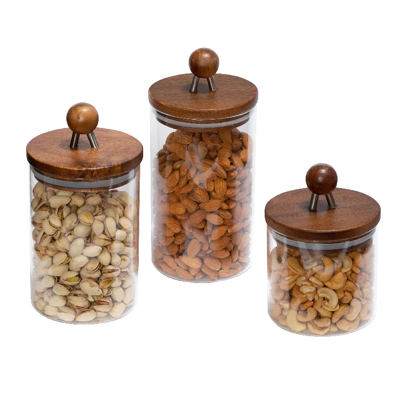 Clear/Acacia Top Glass Kitchen Canisters (3-Piece Set)