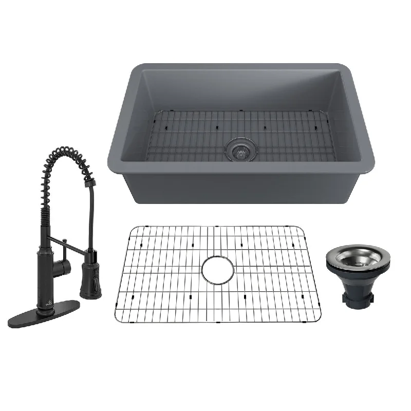 32-in Matte Gray Undermount Single Bowl Fireclay Kitchen Sink With Matte Black Faucet