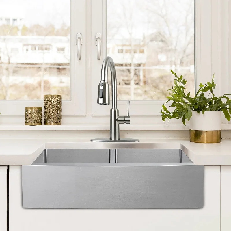 33" Farmhouse 50/50 Double Bowl Kitchen Sink and Pull-down Faucet,Drain Assembly with Strainer, Protective Bottom Grid