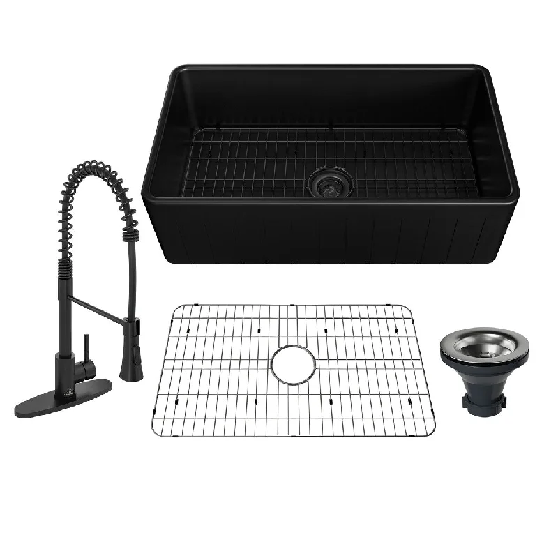 33-in Single Bowl With Striped Design Black Reversible Installation Fireclay Kitchen Sink With Matte Black Faucet