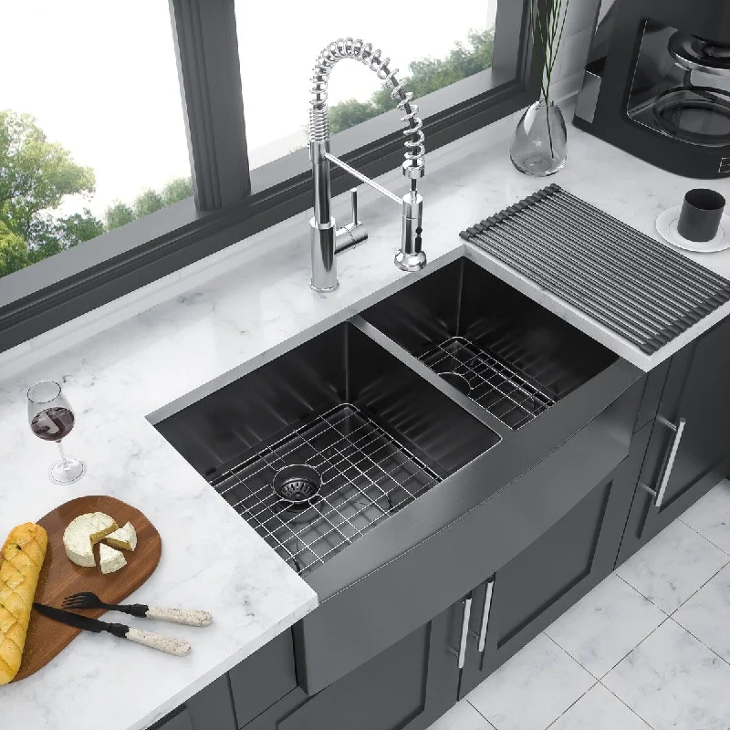 36"x21" Gunmetal Black Stainless Steel Farmhouse Kitchen Sink with Two 10" Deep Basin (60/40)