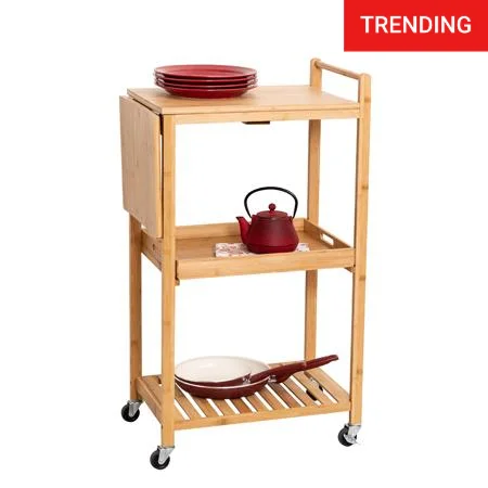 Natural Bamboo 38-Inch Kitchen Cart with Drop-Leaf