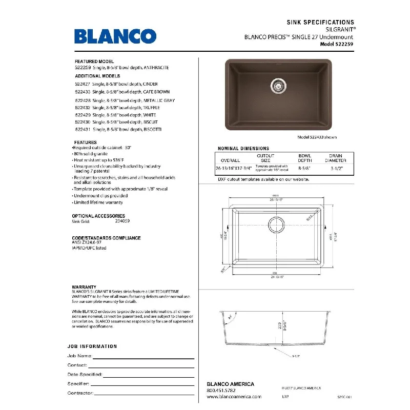 Blanco Precis 27X18 Undermount Single Kitchen Sink - 17.75" x 26.81" x 8.75"