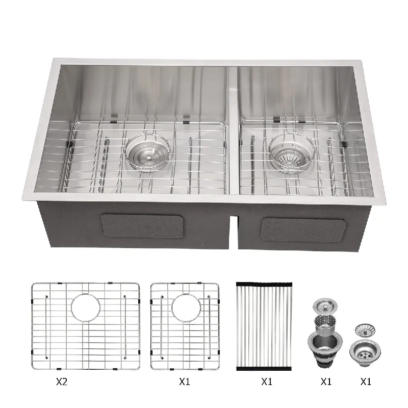 Childs 16-Gauge Stainless Steel Rectangular Undermount Double Bowl Kitchen Sink - 33 x 19 x 10