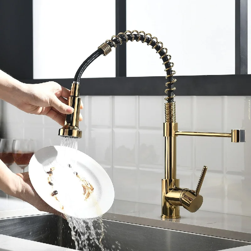 Commercial Black and Gold Kitchen Faucet with Pull Down Sprayer, Single Handle Single Lever Kitchen Sink Faucet