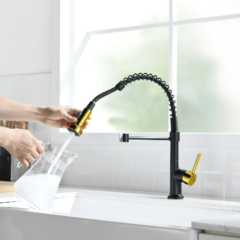 Commercial Black and Nickel Gold Kitchen Faucet with Pull Out Sprayer, Single Handle Single Lever Kitchen Sink Faucet