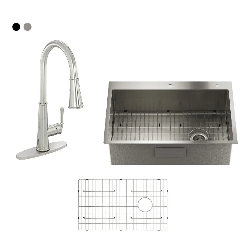 Drop-In Stainless Steel 33-inch 1-Hole Single Bowl Kitchen Sink in Brushed with LED and Infrared Sensor Kitchen Faucet