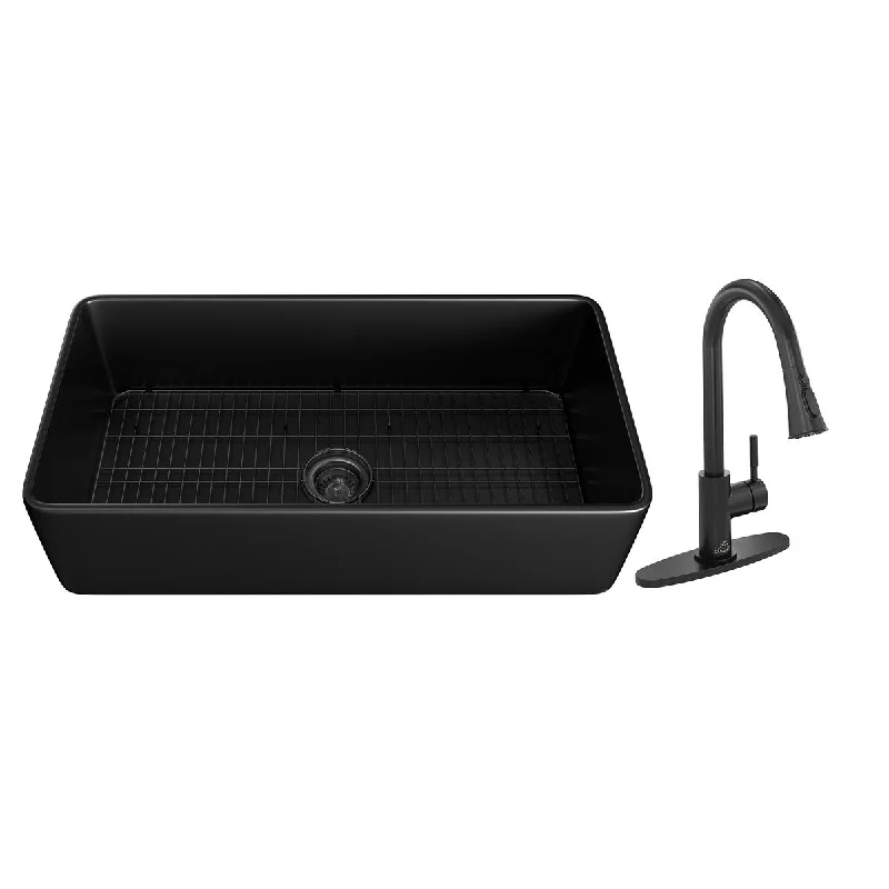 Fireclay 36-in Black Single Bowl Kitchen Sink with Pull-Out Kitchen Faucet All-in-one Kit