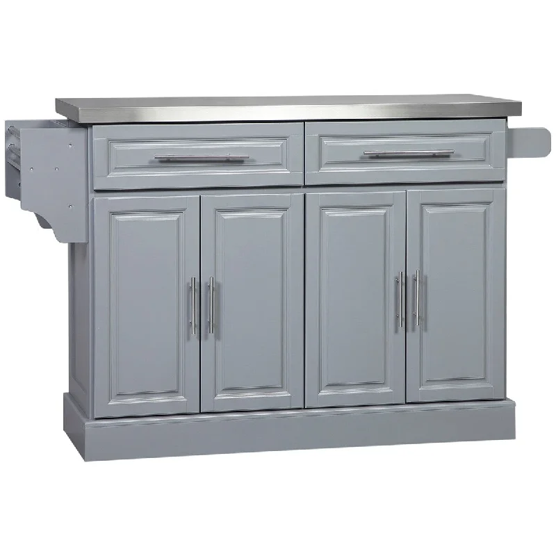 Grey Portable Kitchen Cart with Stainless Steel Surface, Two Drawers, Spice & Knife Holder, Towel Bar, and Cabinets