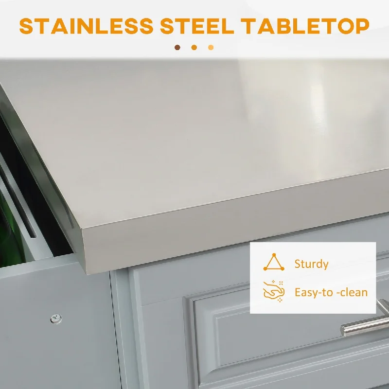 Grey Portable Kitchen Cart with Stainless Steel Top, Two Drawers, Spice & Knife Rack, Towel Holder, and Cabinets