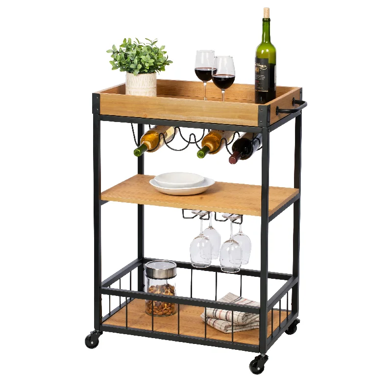 Black/Brown Industrial Bar Cart with Removable Serving Tray