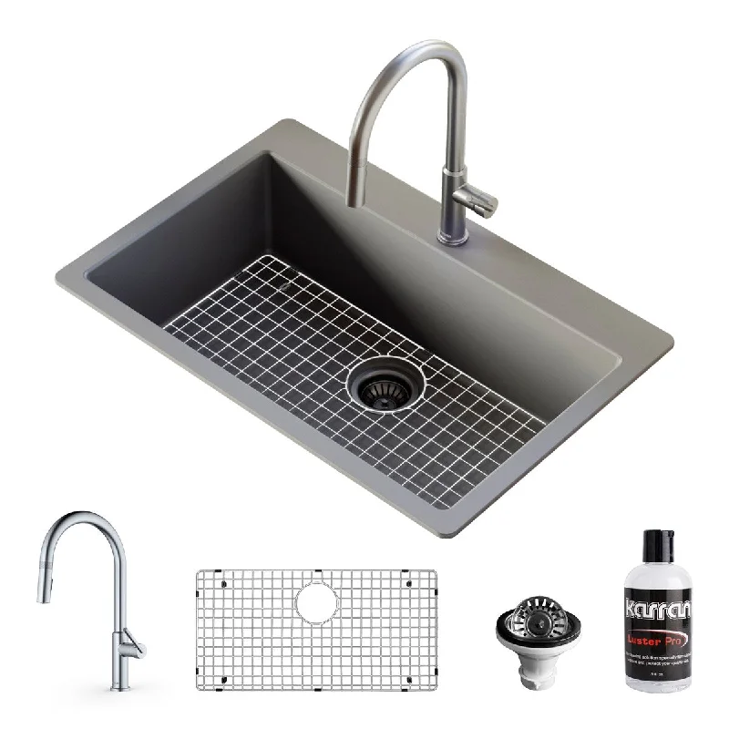 Karran QT-812 Top Mount 33 in. Large Single Bowl Quartz Kitchen Sink in Grey With Kitchen Faucet in Stainless Steel