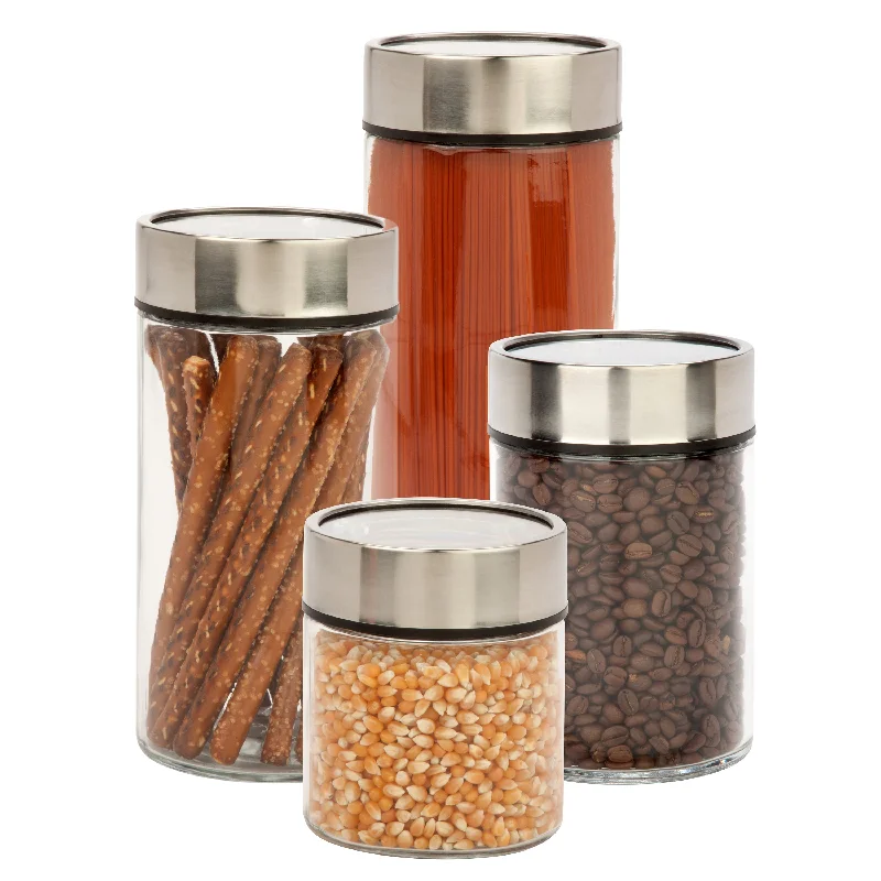 Stainless Steel/Clear Glass Canisters Fresh-Date Dials (4-Piece Set)