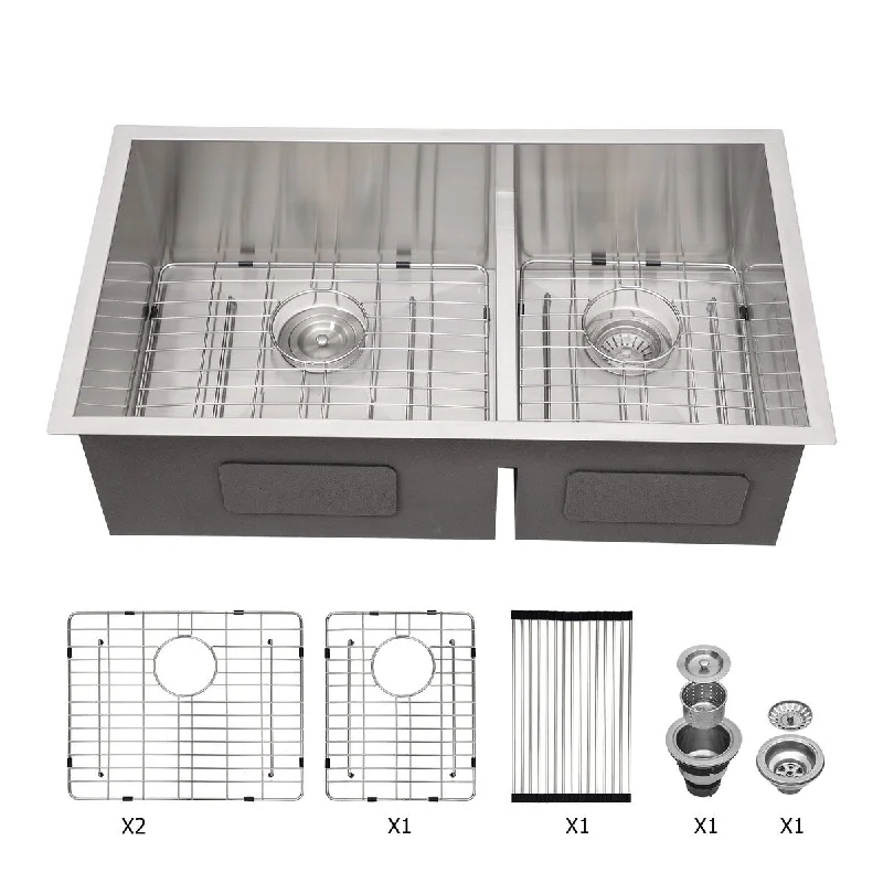 Potts 16-Gauge Rectangular Undermount Double Bowl Kitchen Sink - 33 x 19