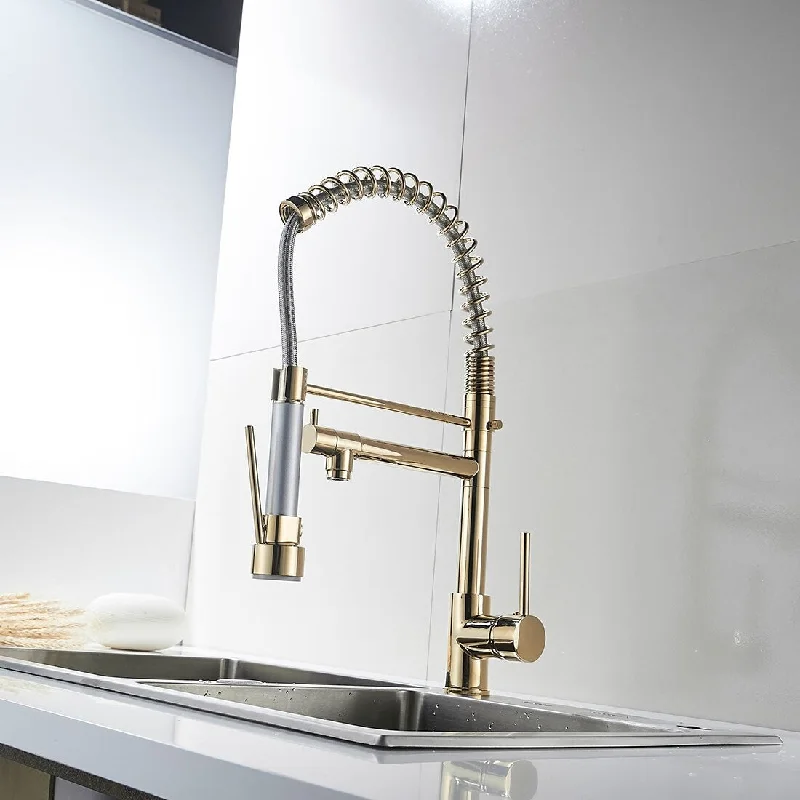 Two Spout Pull Down Sprayer Kitchen Sink Faucet with Gold - 8.26*3.3*17.3