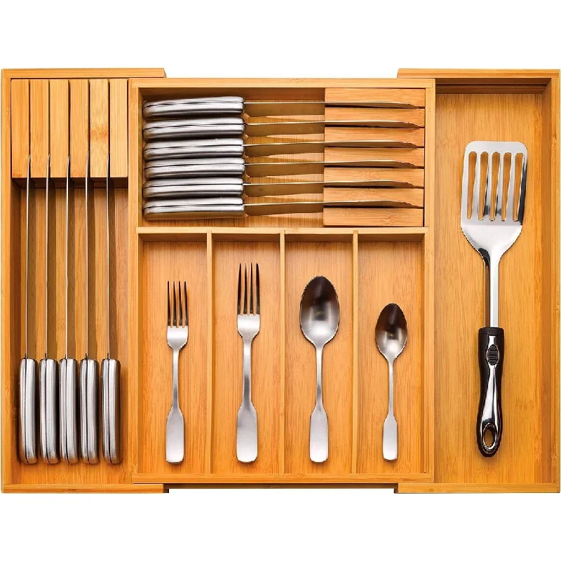 Utensil Organizer - Bamboo Expandable Silverware Organizer, Utensil Holder & Cutlery Tray with Divider and Removable Knife Block