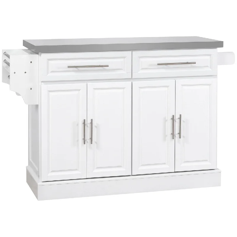 White Portable Kitchen Cart with Stainless Steel Surface, Two Drawers, Spice & Knife Holder, Towel Bar, and Cabinets