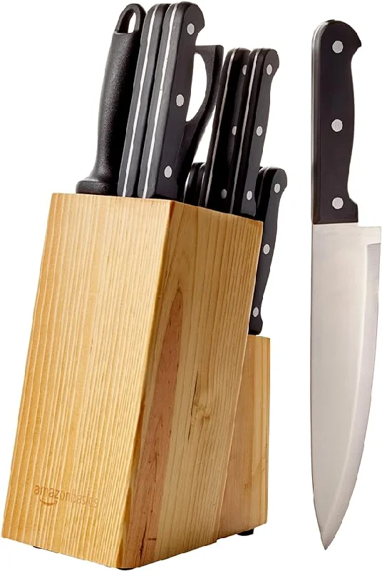 14-Piece Kitchen Knife Set with High-Carbon Stainless-Steel Blades and Pine Wood Block, Black