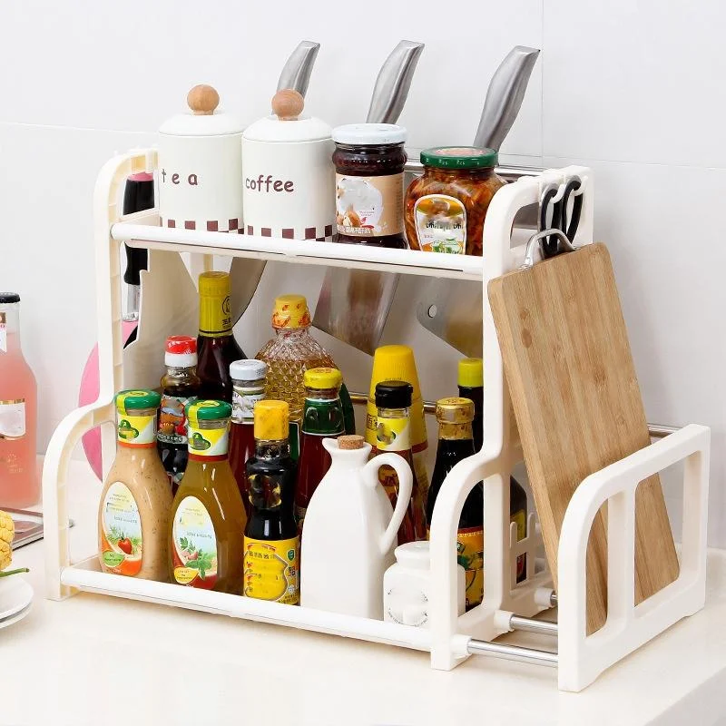 2 Layers Storage Rack Kitchen Shelf Seasoning Cans Shelf Condiment Bottle Pepper Shakers Storage Rack Knife Fork Holder Organize