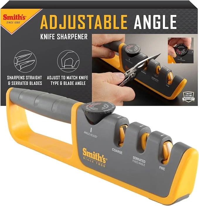 Adjustable Angle 2-Stage Knife Sharpener – Grey/Yellow, for Hunting & Serrated Knives