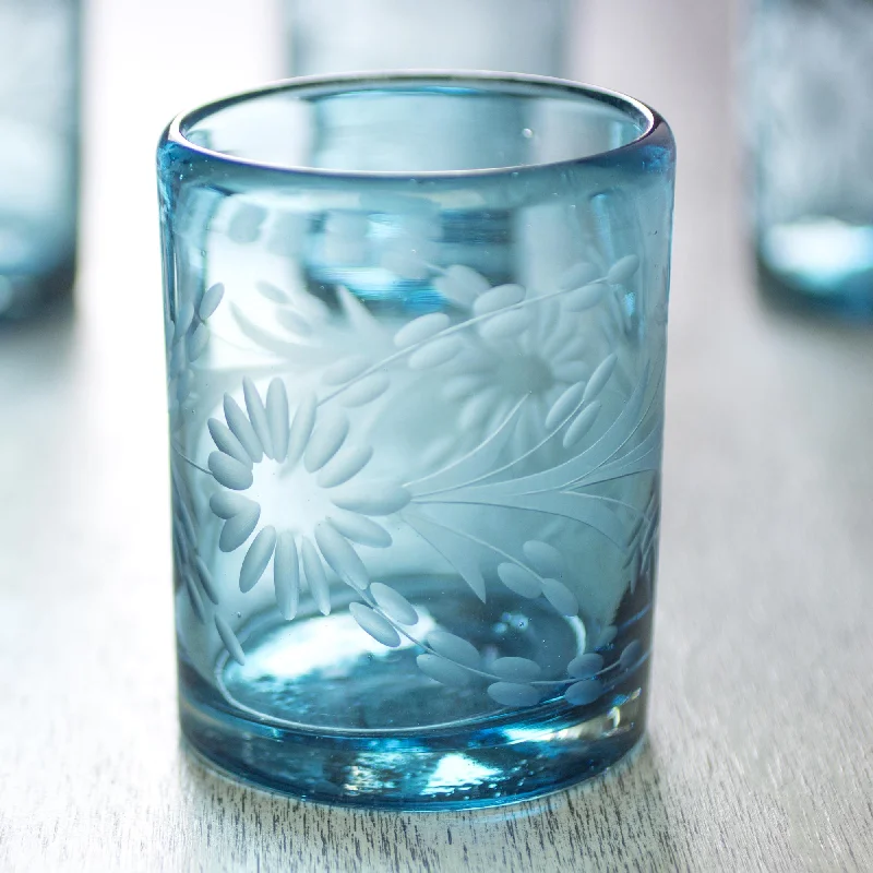 Aquamarine Sunflowers Engraved Pepita Flowers on Hand Blown Rocks Glassed Set of 6