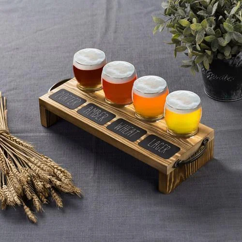 Beer Tasting Flight Set with Burnt Wood Serving Caddy & Chalkboard Labels