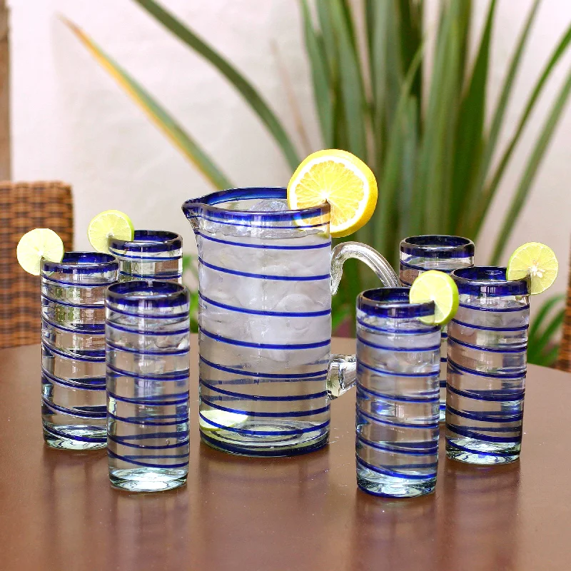 Cobalt Spiral Hand Made Handblown Glass Six Drinking Glasses