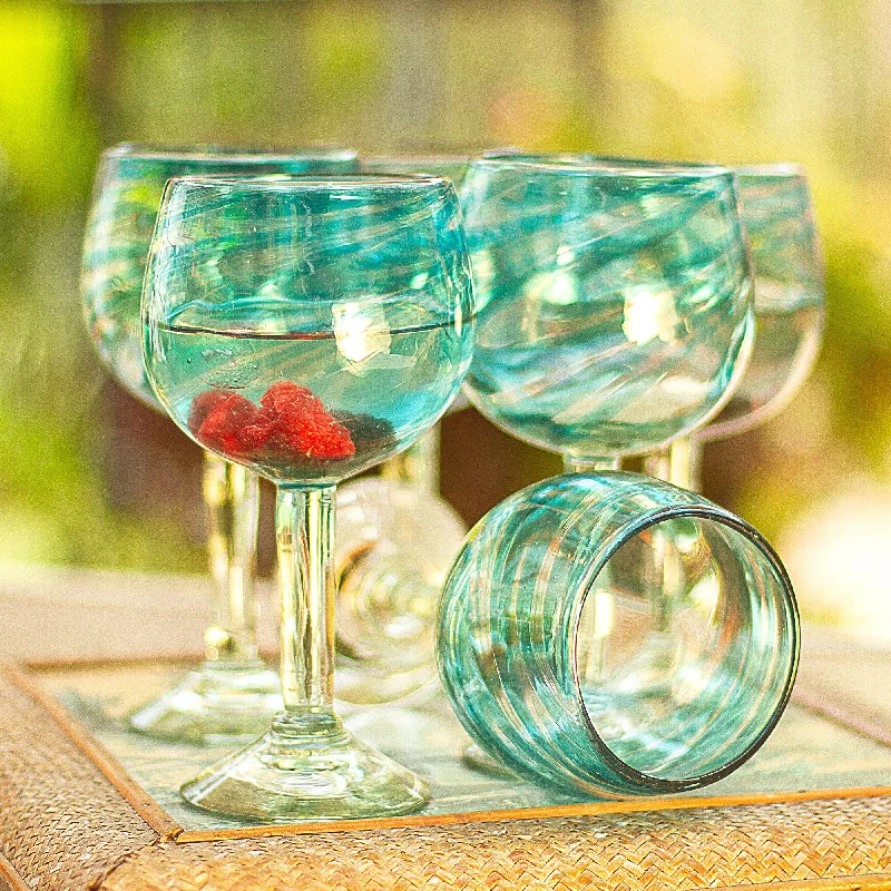 Elegant Aqua Swirl Set of 6 Recycled Hand Blown Aqua Wine Glasses from Mexico