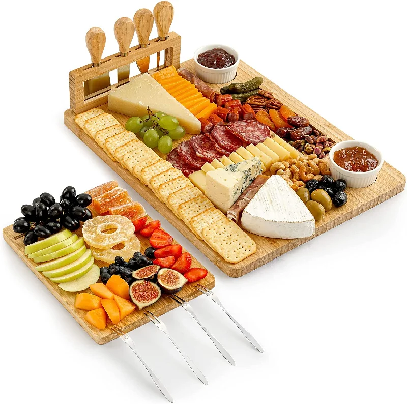 Extra Thick Bamboo Charcuterie Board Set with 4 Piece Knife Set