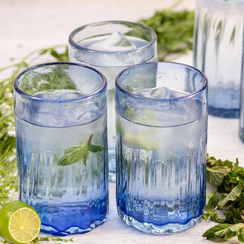 Fiesta Azul Fluted Blue Hand Blown Tumbler Glasses (Set of 6)