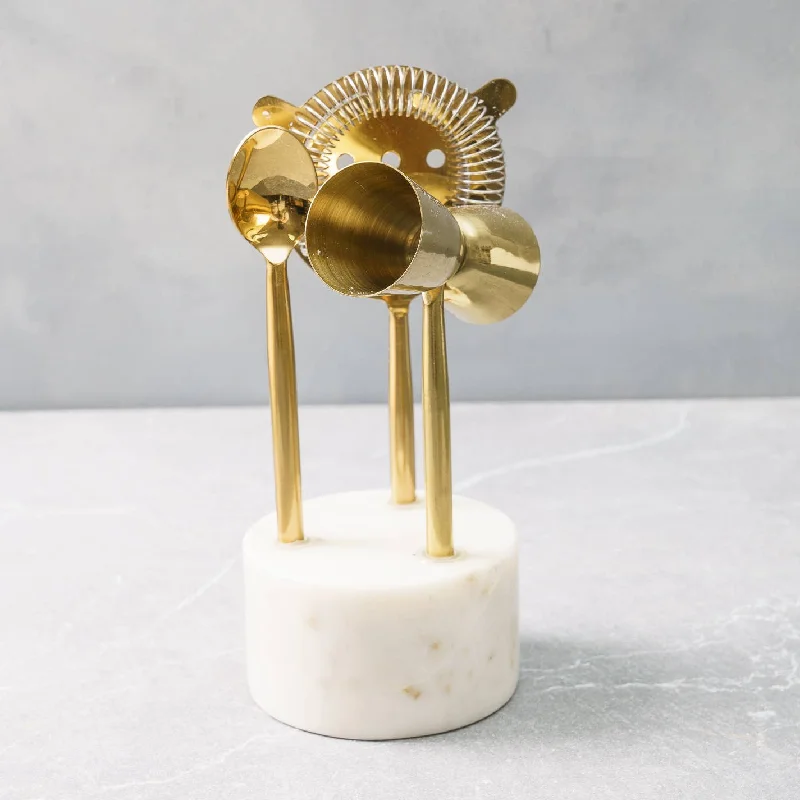 Marble + Gold Cocktail Tool Set, Set of 3 with Stand