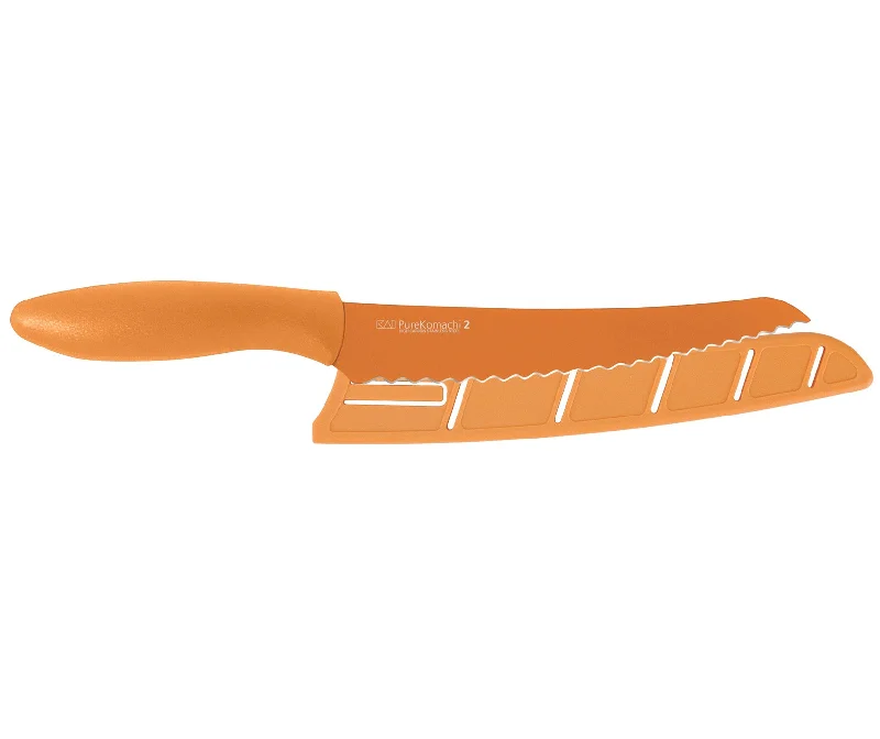 KAI Pure Komachi 2 8 Inch Serrated Bread Knife with Safety Sheath, Orange