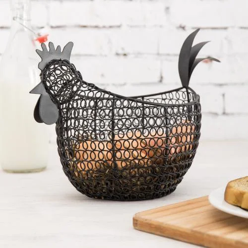 Black Metal Wire Chicken-Shaped Egg Storage Basket