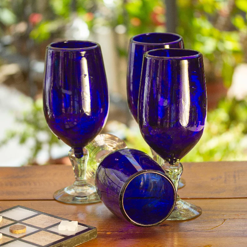 Night Sky Hand Blown Glass Goblets Set of 6 Cobalt Blue Mexico