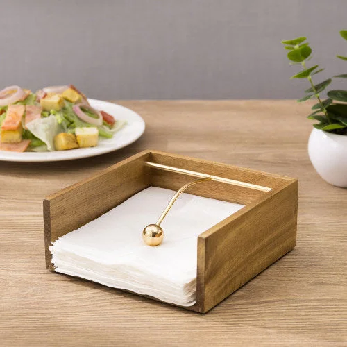 Premium Acacia Wood Napkin Holder w/ Brass Tone Weighted Arm