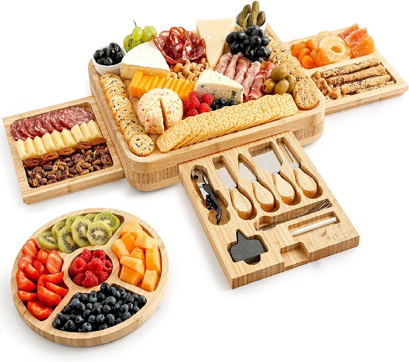 Premium Bamboo Cheese Board Set - Extra Thick Bamboo Charcuterie Board Set with 4 Piece Knife Set