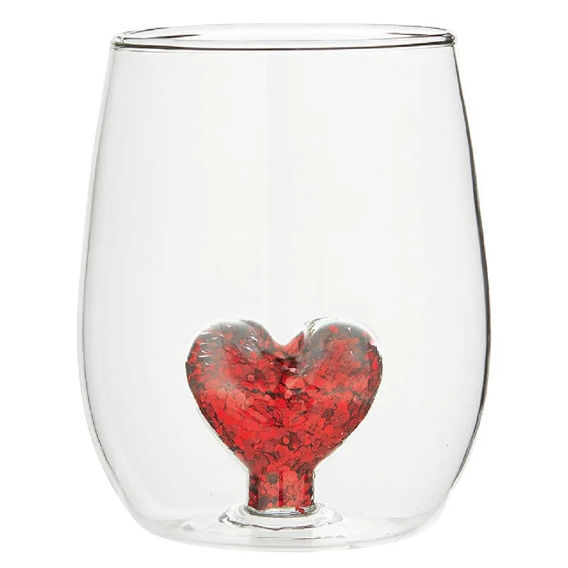 Red Heart Glitter Figurine Stemless Wine Glass