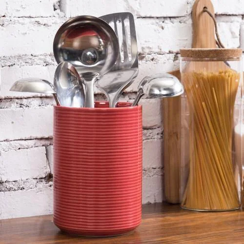 Red Ribbed Ceramic Kitchen Utensil Holder