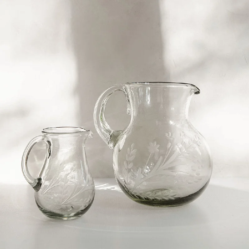 Round Etched Artisan Glass Pitcher