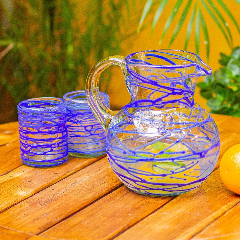 Sapphire Swirl Blown Glass Blue Pitcher 84 oz Hand Blown in Mexico