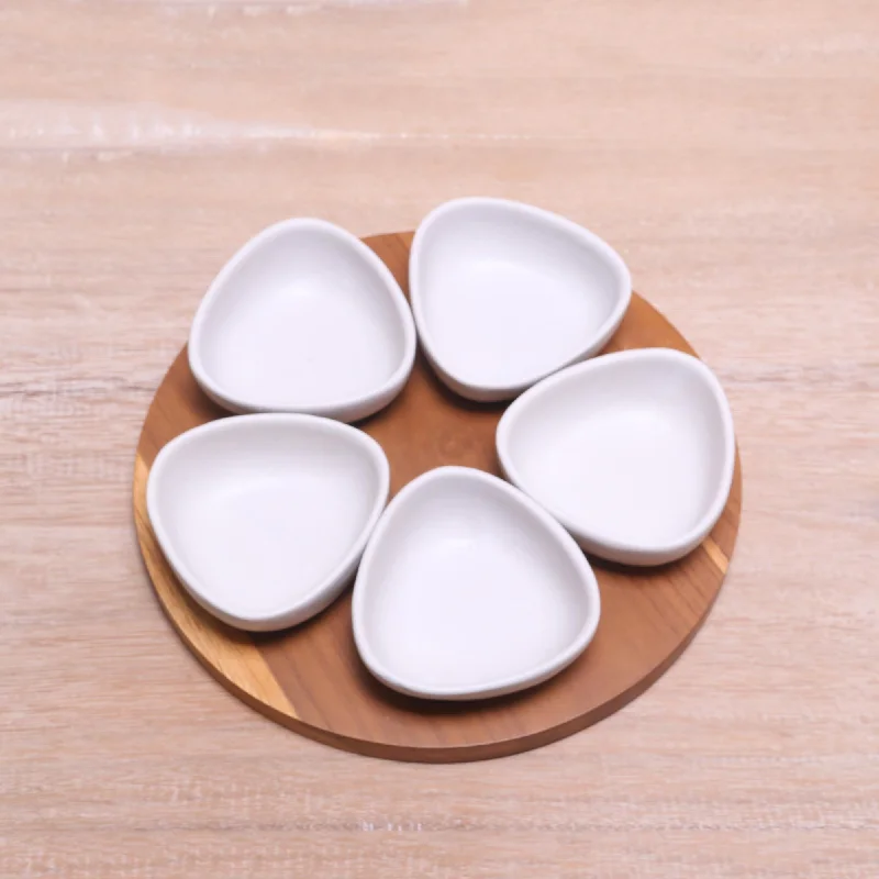 Snowy Petals Ceramic & Wood Appetizer Set