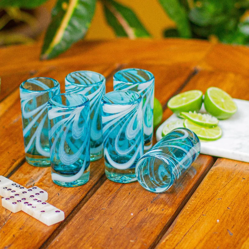 Whirling Aquamarine 6 Hand Blown Shot Glasses in Blue and White from Mexico