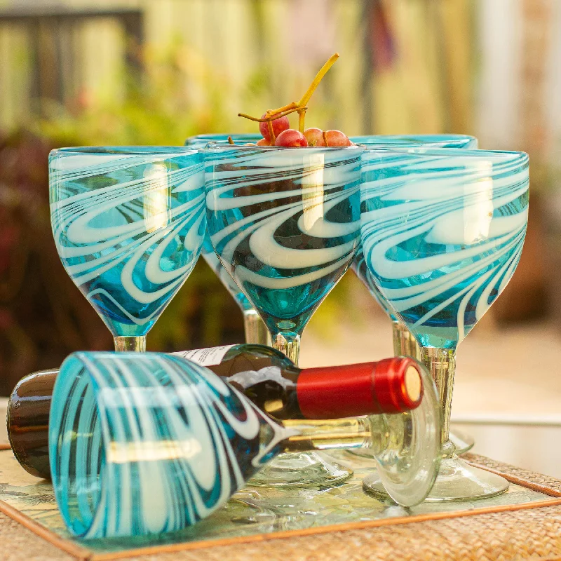 Whirling Aquamarine 6 Hand Blown Wine Glasses in Aqua and White from Mexico