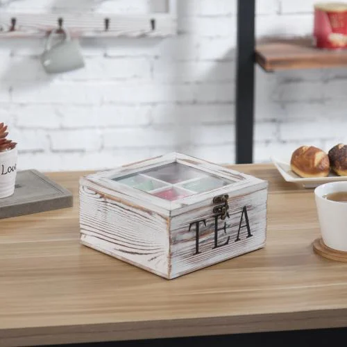 Whitewashed Wood Tea Box with Clear Lid